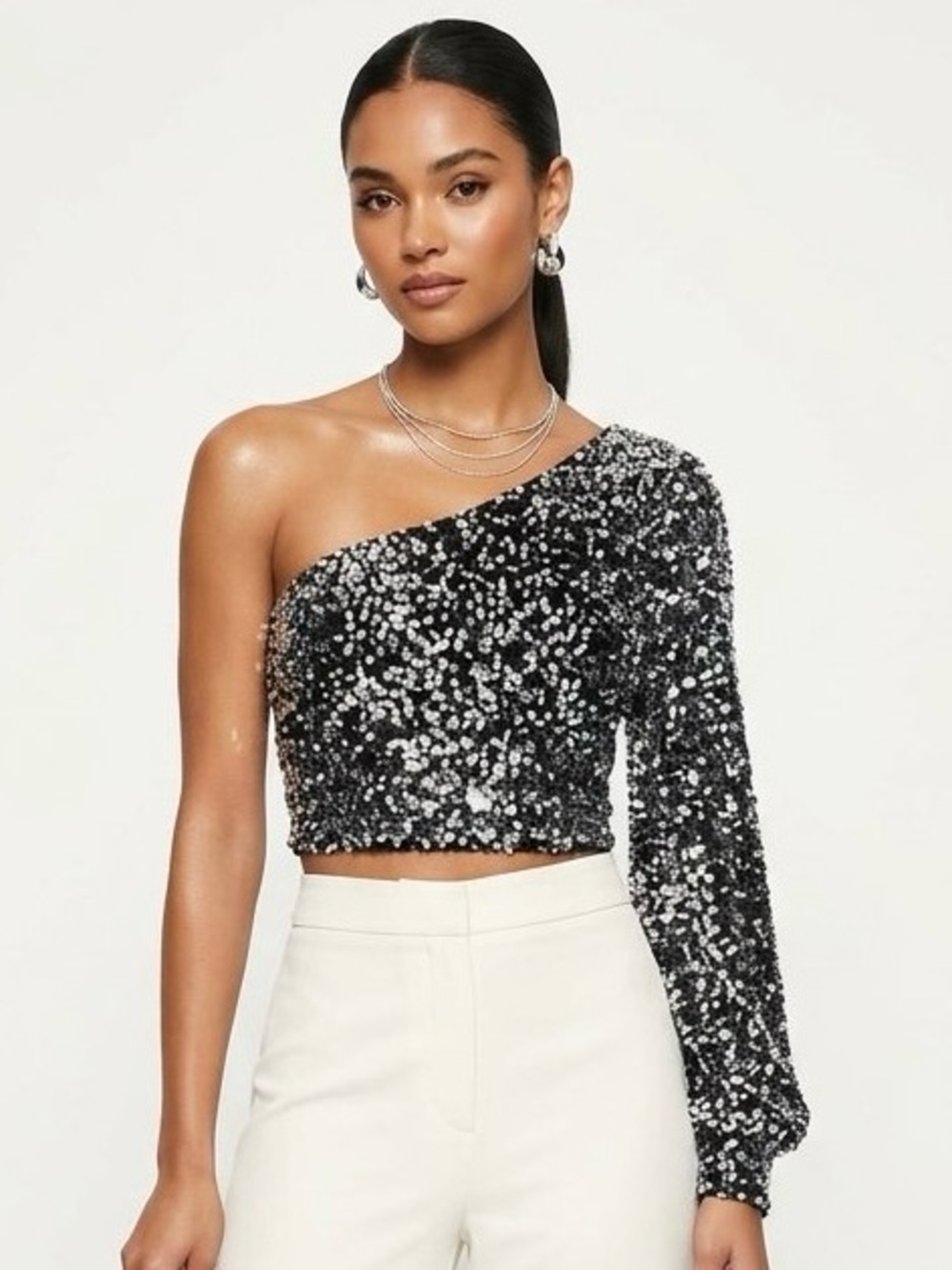 Francesca's Collections One-Shoulder Sequin Crop Top - Black & Silver